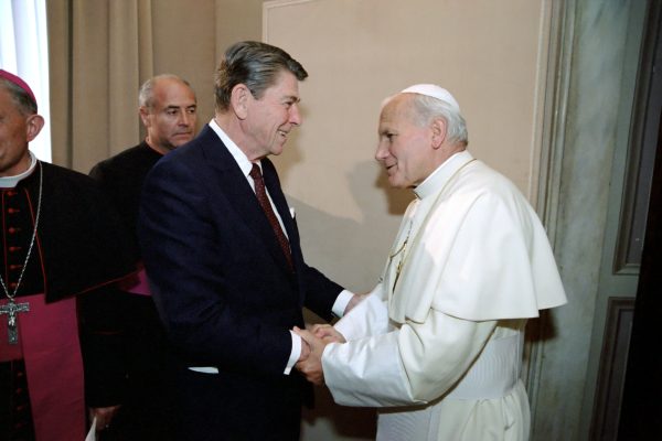 6/7/1982 President meeting with Pope John Paul II during visit to the Papal Library Vatican Pontifical Palace