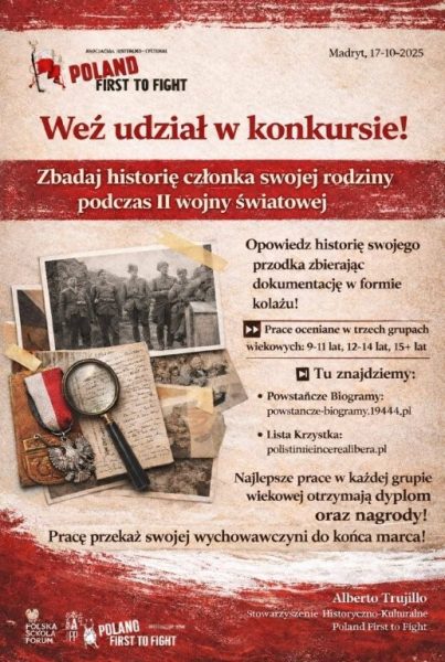 Poland First to Fight contest poster inviting you to uncover a relative's WWII story using photos and documents.